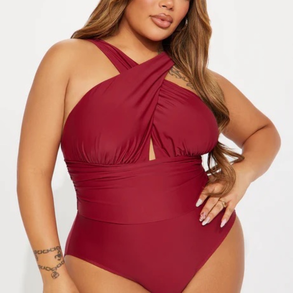 Fashion Nova Burgundy Crisscross One-Piece Swimsuit